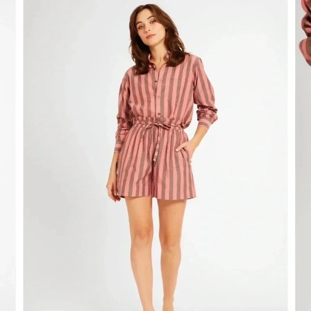 Striped Pink Button-Front Tie-Waist Romper